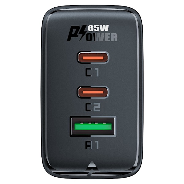 Snabb GaN laddare 2x USB-C USB-A PPS PD QC4+ 65W svart