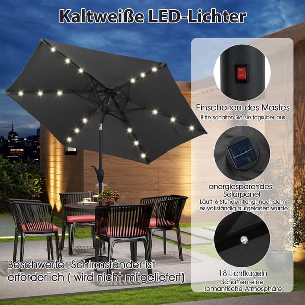 230 cm terrasseparasol med LED-solcellelys og håndsving