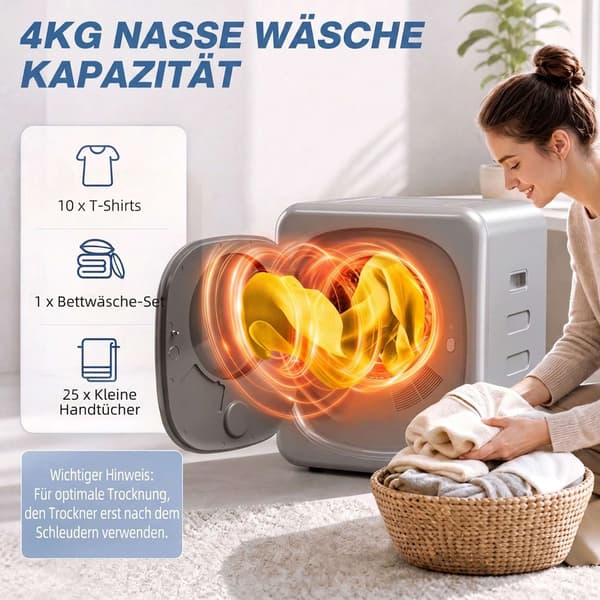 Kompakt 2,5 kg tørretumbler med ventilation, tromle i rustfrit stål, sølv