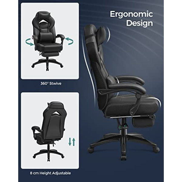 Ergonominen musta pelituoli, jossa jalkatuki ja ristiselän tuki