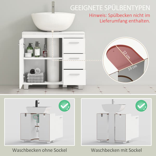 Badeværelsesvaskeskab, MDF, 2 hylder, 3 skuffer, hvid