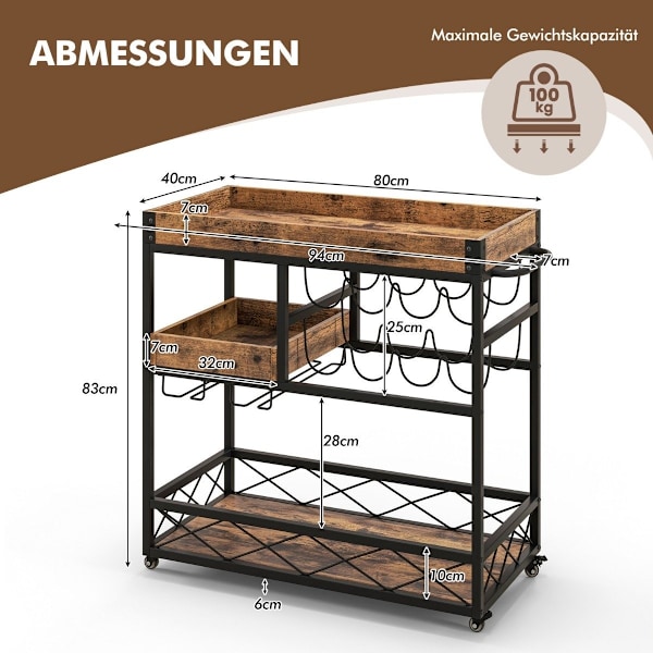 Serveringsvagn 3-vånings rullstångsvagn med avtagbar bricka 80 x 40 x 83 cm Rustikbrun