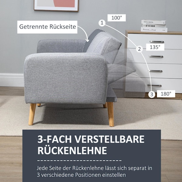 Bäddsoffa, 2-sits soffa med sovfunktion, justerbart ryggstöd, tjockt vadderad soffa, armstöd, bäddsoffa med träben för vardagsrum, gästrum, 173 x 75 x