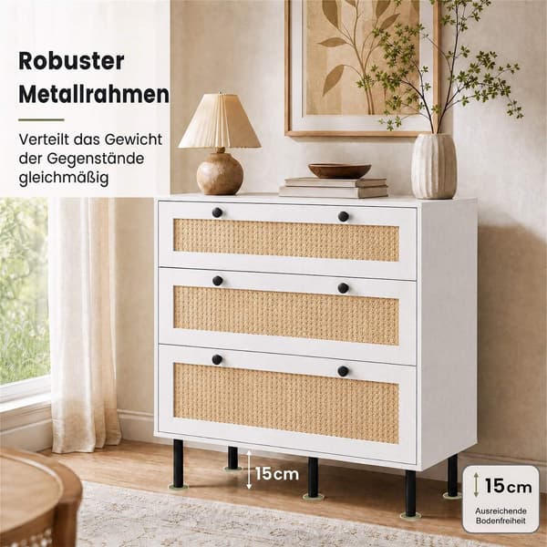 Vit byrå i rotting med 3 lådor och metallben för sovrum