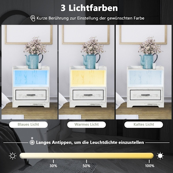 LED sengebord Intelligent natbord med 2 USB-porte Hvid