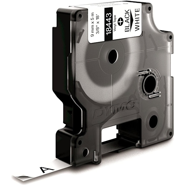 Dymo Rhino Industrial - vinyltejp 9 mm x 5,5 m, svart på vit bakgrund