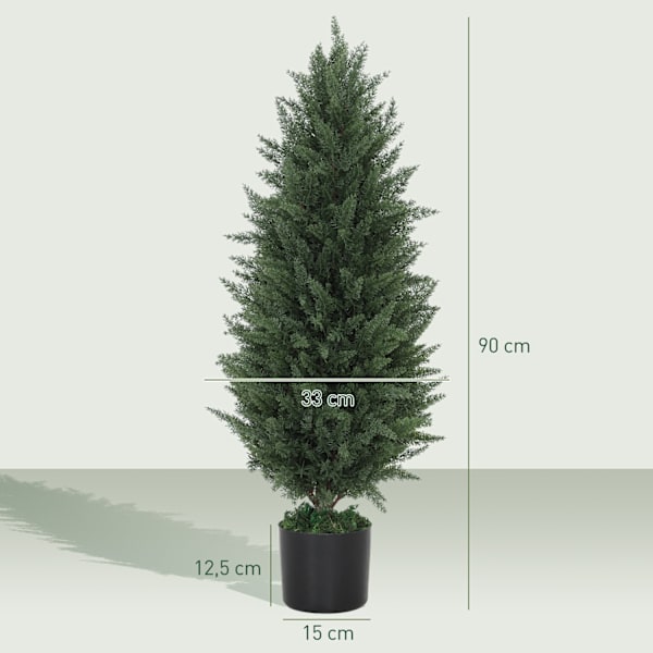 Kunstig Cypres Sæt med 2 store 90 cm kunstige planter, kunstige planter i potte, UV-resistente kunstige træer som ægte dekoration til stue soveværelse