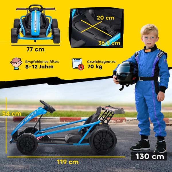 24V elektrisk gokart til drifting, 8-12 år, blå