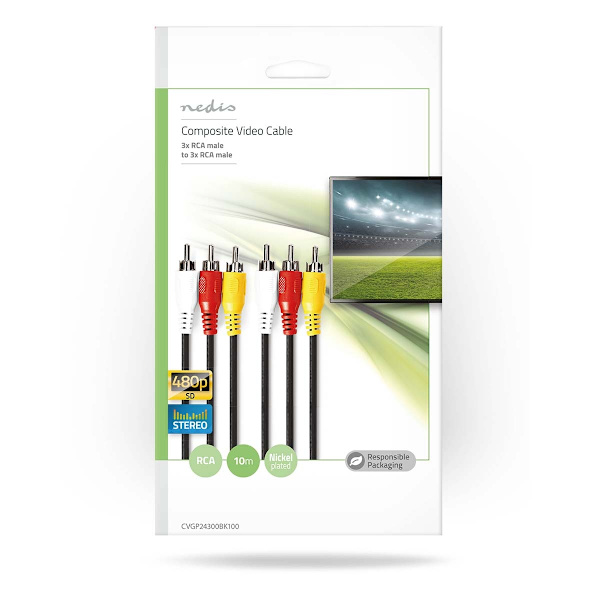 Komposit videokabel | 3x RCA Hane | 3x RCA Hane | Nickelplaterad | 480p | 10.0 m | Rund | PVC | Svart | Kuvert