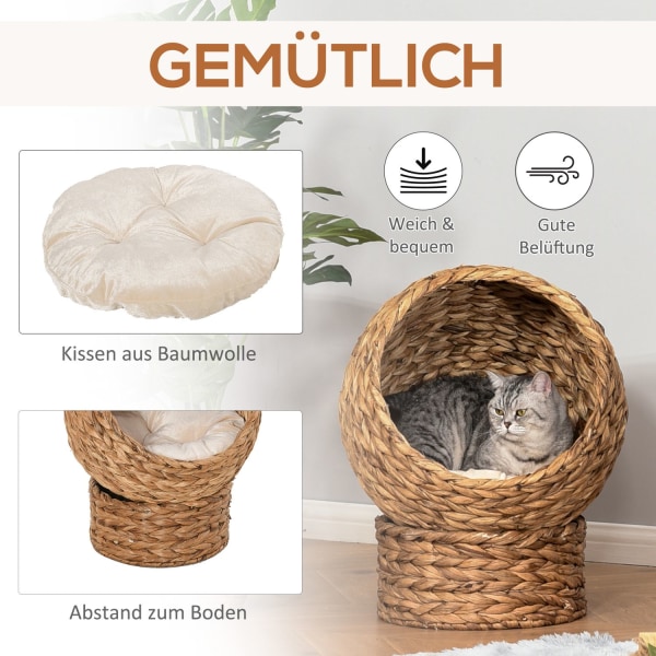 Rattan Cat Cave Cat Bed Med Pude, Vandhyacinth Pet Bed, Lysebrun