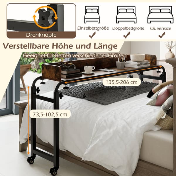 Justerbart oversengsbord med hjul, rustik brun