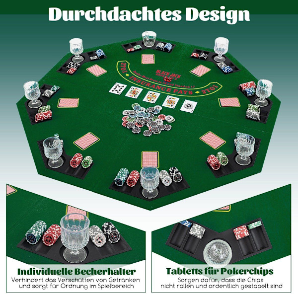 Pokermåtte 120 x 120 cm Texas Holdem pokerborddæksel foldbart til 8 spillere med drikkeholdere grønne