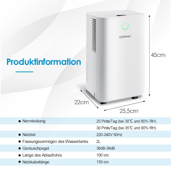 15㎡ Affugter 15L Affugter med 3 Modes Mobil Affugter 25,5 x 22 x 45 cm Hvid