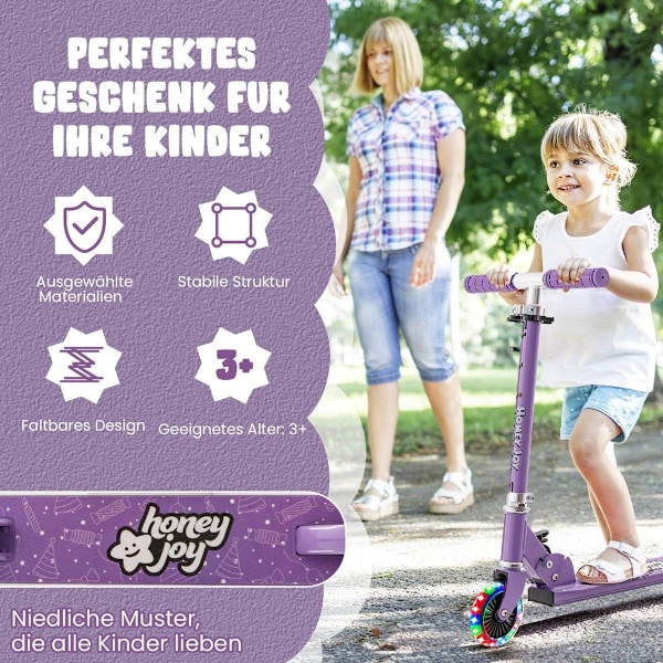 Børnescooter med LED hjul, højdejusterbar, børnescooter, city scooter, lilla