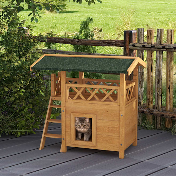 2-Etagers Kattehus Med Asfalttag & Balkon, Massivt Træ Kattevilla Med Trapper, Natur, 77X50X73Cm