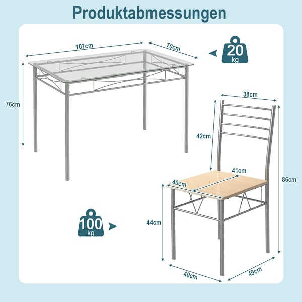 5-delt spisestuesæt rektangulært glas spisebord med 4 stole og rustfast metalstel