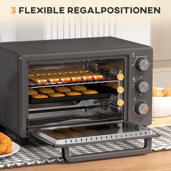 Miniugn 21L 1400W 60 min Timer, liten ugn med 100°C-230°C justerbar temperatur tillagningstid, miniugn med bakplåt, galler, bordsugn av rostfritt stål