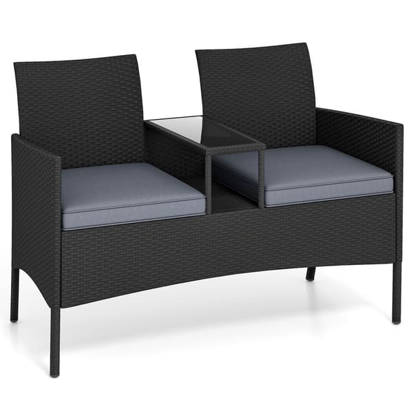 2-sits polyrattan trädgårdsbänk med bord, grå