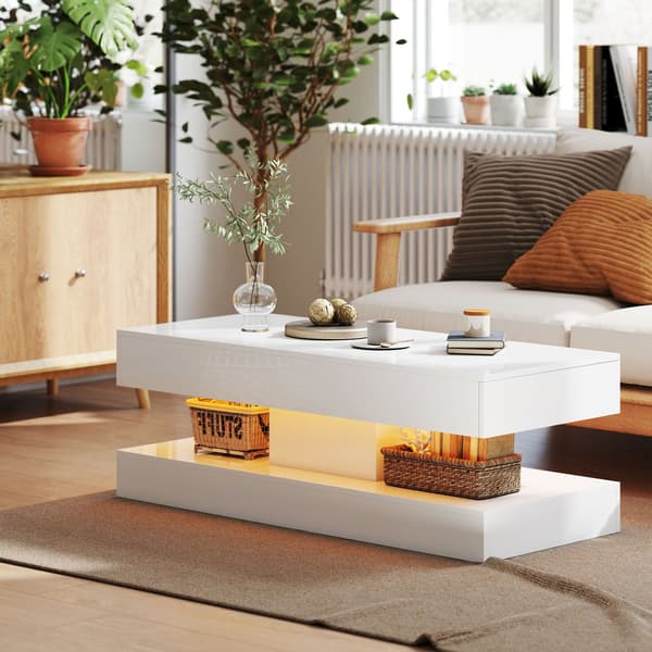 Sofabord med skuffer og LED-lys, Hvid MDF