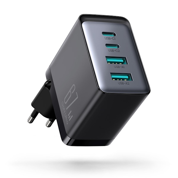 GaN 67W netværksoplader 2x USB 2x USB-C + USB-C kabel 1,2m sort