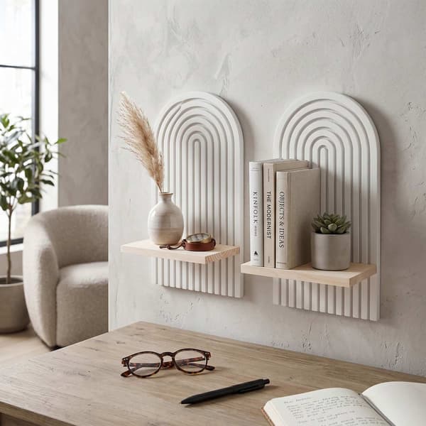 Boho vägghylla i trä, naturvit, 2 delar