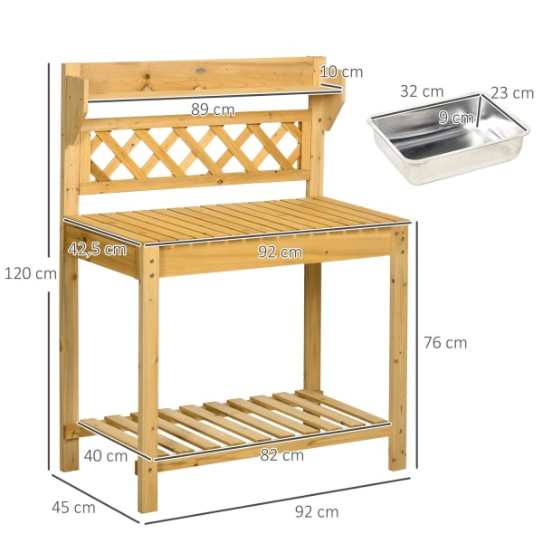 Plantebord Havebord Med Udtrækbar Bordplade & Vask I Rustfrit Stål, 2 Opbevaringsrum, Massivt Træ, Brunt, 92X45X120Cm