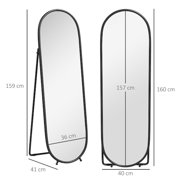 Spejl i fuld længde, 160 x 40 cm vægspejl med stativ, metalramme, ovalt stående spejl til stue, soveværelse, sort |