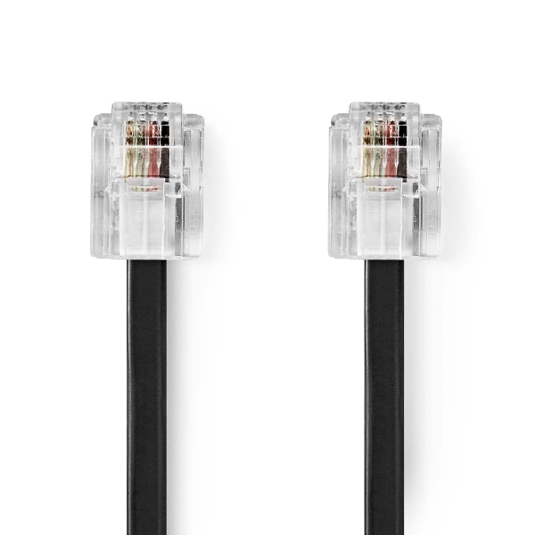 Telecom Kabel | RJ11 Hanstik | RJ11 Hanstik | 2.00 m | Kabeludformning: Fladt | Belægning: Guldplateret | Kabeltype: RJ11 | Sort