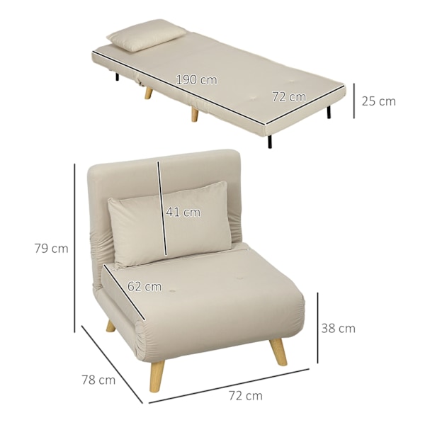 Sovstol, hopfällbar stol med sängfunktion, dekorativa kuddar, hopfällbar relaxstol med justerbart ryggstöd i sammetslook, för vardagsrum, beige