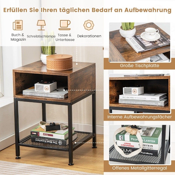Sidebord med opbevaringsrum og gitterhylde sengebord med metalstel 40 x 40 x 57,5 ​​cm
