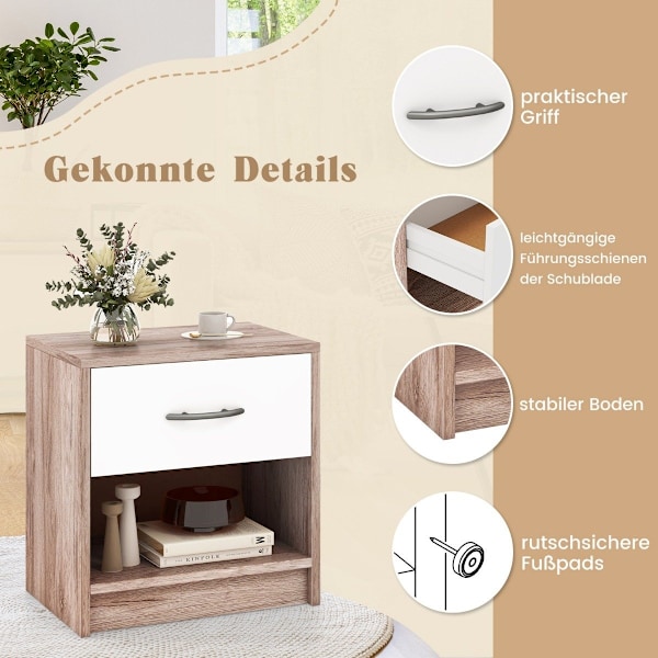 Sengebord med skuffe Lille sidebord med åbent rum 38,5 x 28 x 40,5 cm eg + hvid