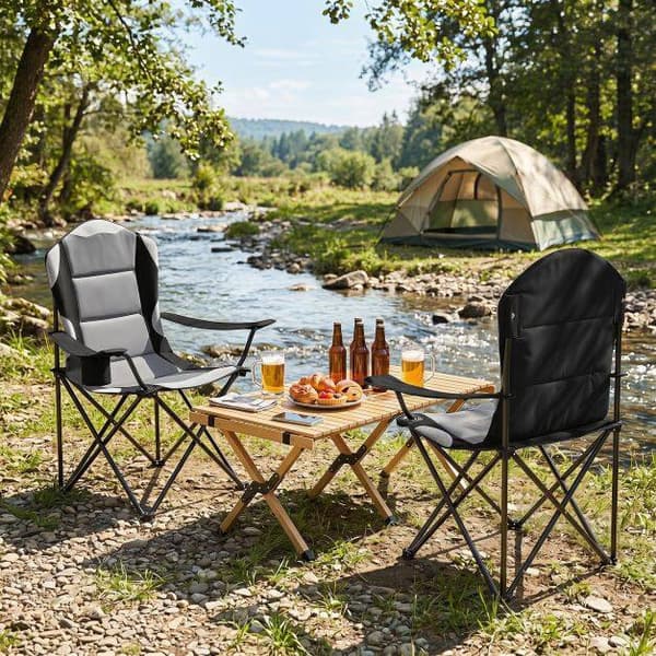 Sammenklappelig campingstol, sort, høj ryglæn, kopholder