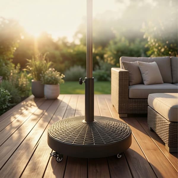 Sort parasolfod med rattan-effekt og hjul