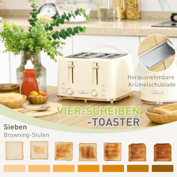Vattenkokare med brödrost 1,7L vattenkokare 4 skivor toast frukostset med 7 bryningsnivåer, automatisk avstängning, avfrostnings- och återuppvärmnings