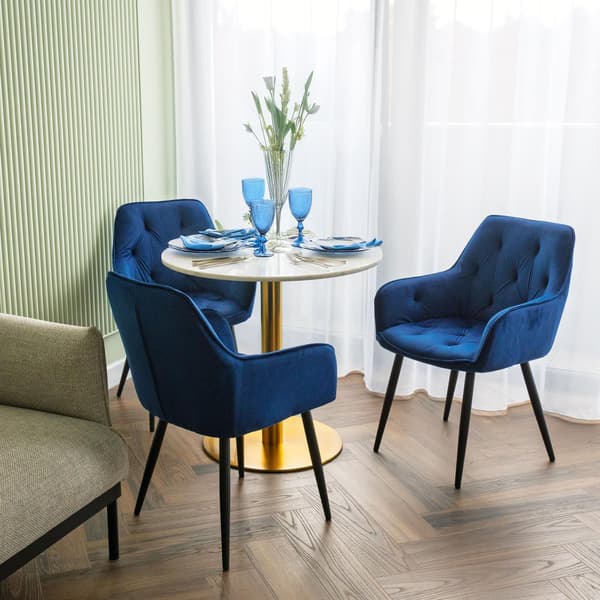 Matstol i sammet, blå, metallben, quiltad design