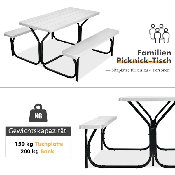 Öltältset picknickbord & 2 bänkar med vit metallstomme