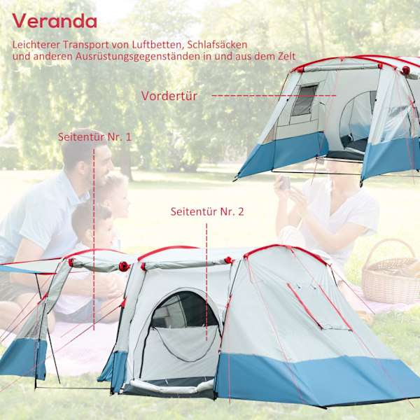 Tunneltält för 8 personer, campingtält med sovhytt, vardagsrum, familjetält med bärväska, markskydd, grupptält med 3 dörrar, 2000 mm vattenpelare, blå