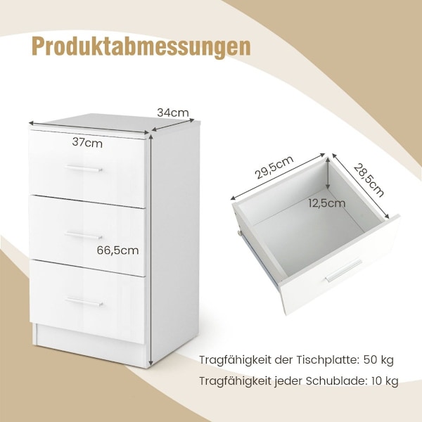 Sengebord med 3 skuffer højglans natbord 37,1 x 34,2 x 66,5 cm hvid