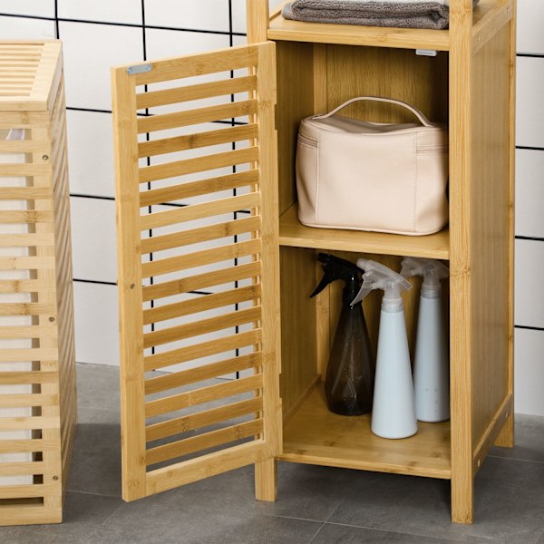 Højdejusterbart badeværelsesskab, badeværelsesskab af bambus, badeværelsesmøbel med skab, to åbne hylder, til badeværelse, ca 33 x 30 x 120 cm naturtr