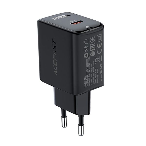GaN USB-C 30W PD QC 3.0 AFC FCP väggladdare svart