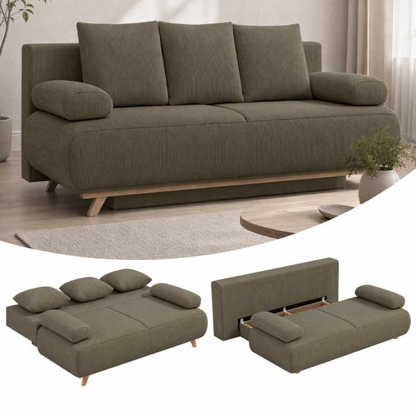 Bäddsoffa med förvaring, mörkgrönt manchestertyg