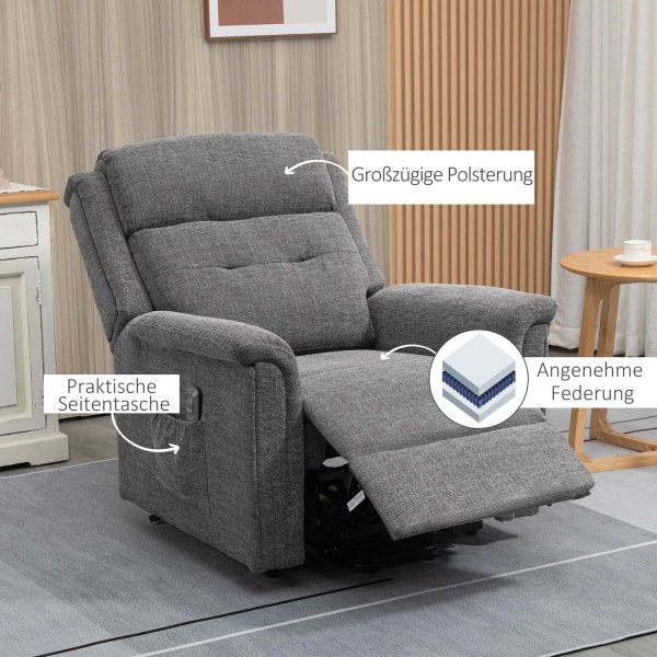 Sähköinen Seisomatuoli, Tv-Tuoli, Lepotuoli Makuutoiminnolla, Seniorituoli Kaukosäätimellä, Kantavuus Jopa 170 Kg, Harmaa, 89X96X108 Cm