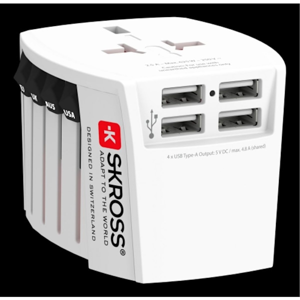Skross World Wide Grounded Travel Adapter + 4xUSB-A, 4,8A Hvid