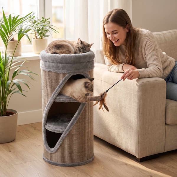 Kradsetønde til katte 75 cm med 3 huler og vaskbar seng, Ø 35 cm, grå