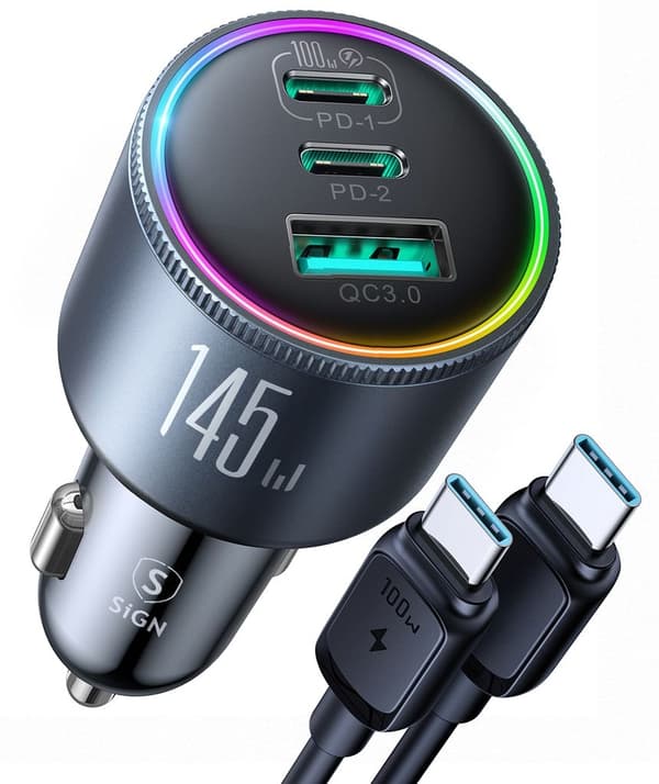 SiGN Billaddare 145W med 2x USB-C & 1x USB-A – PD & QC3.0