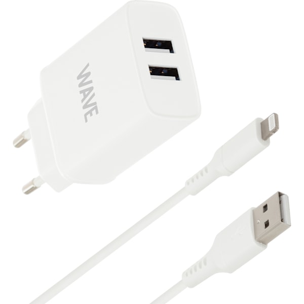 Wave verkkolaturi 2 x USB + Lightning-kaapeli, 17W, valkoinen