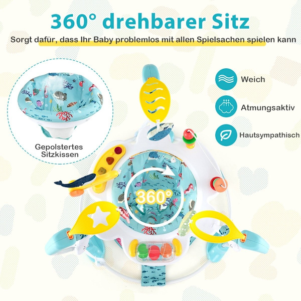 Baby Sky Jumperoo med justerbare højder & legetøj & spilleboks rollator lyseblå