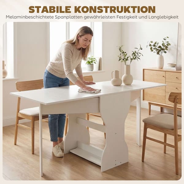 Hopfällbart matbord med förvaring, plats för 2-4, vit, 160x60x75 cm