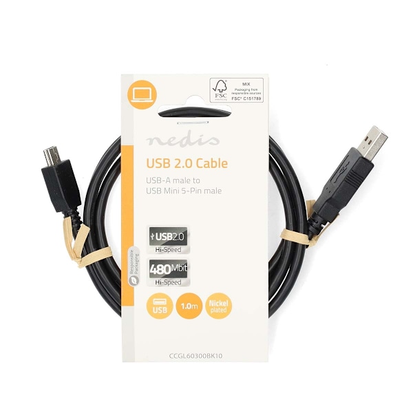 USB-kabel | USB 2.0 | USB-A Han | USB Mini-B 5-pins han | 480 Mbps | Nikkelplateret | 1.00 m | Runde | PVC | Sort | Label