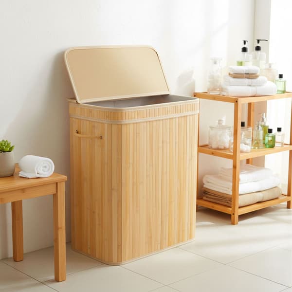 Bambu tvättkorg med lock, stor, 72 liters kapacitet